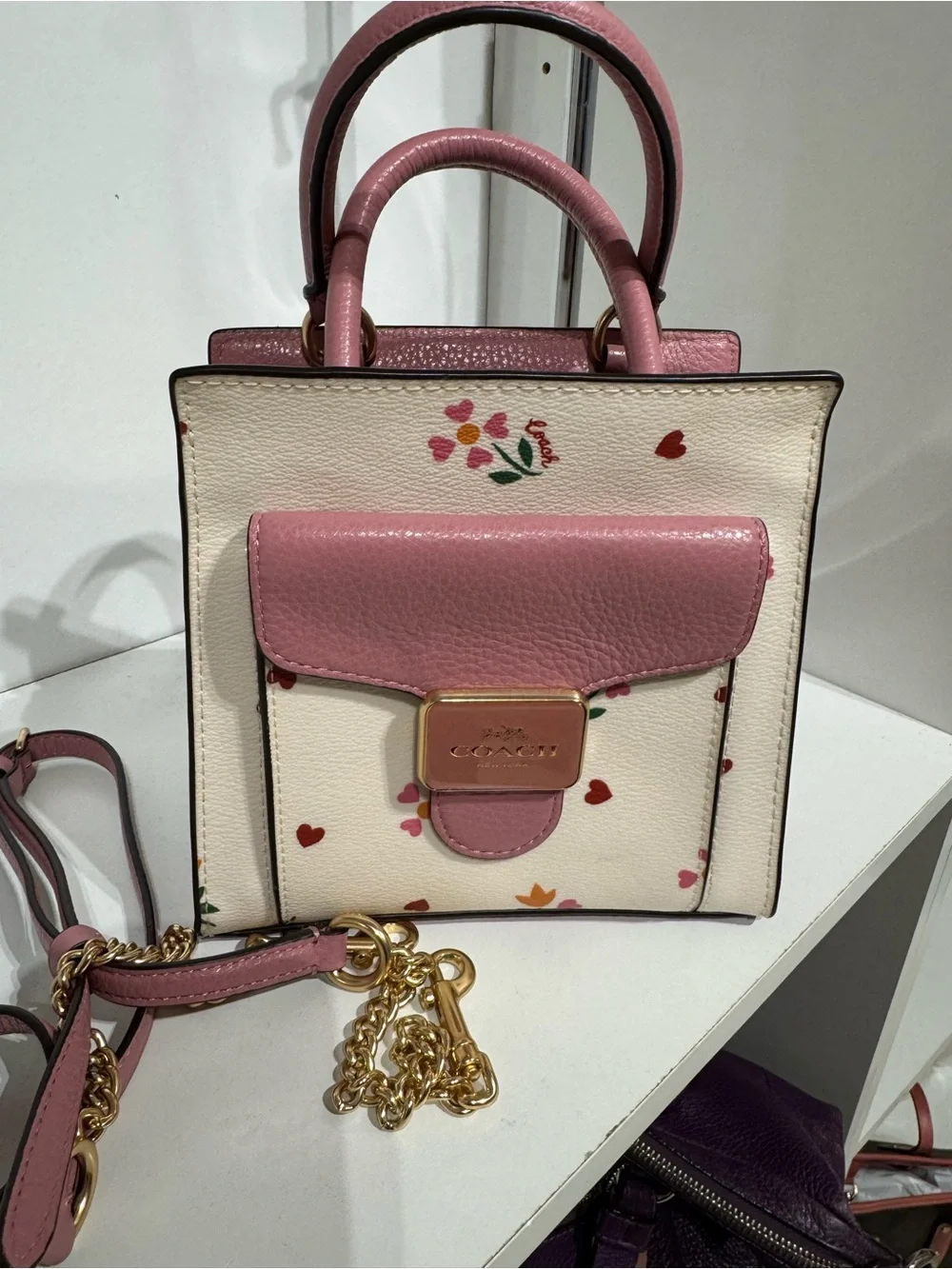 Coach Cream Mini Pepper Satchel with Pink Trim and Floral Hearts
